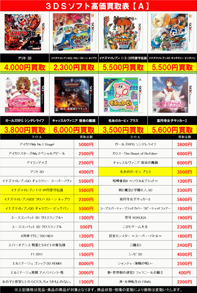 3DSソフト高価買取表を更新しました！ | トレカ、マンガ、フィギュア 