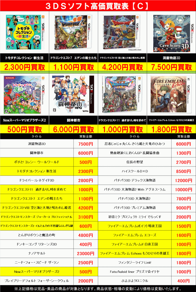 3DSソフト高価買取表を更新しました！ | トレカ、マンガ、フィギュア 